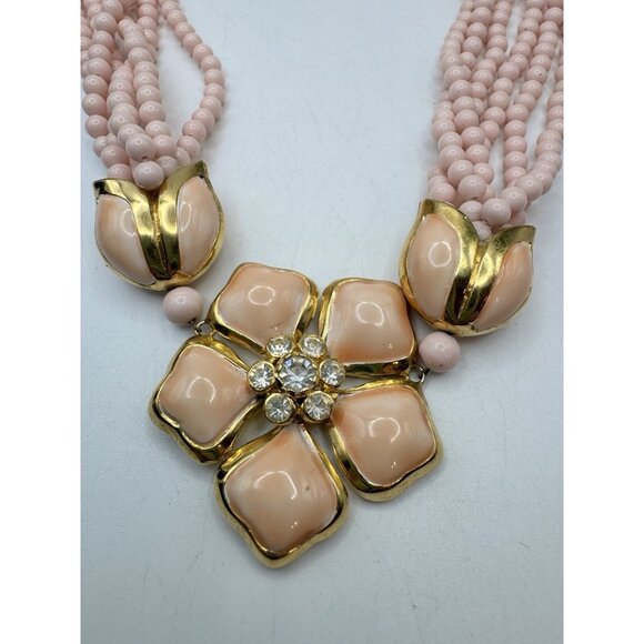 Vintage VB Pink Beaded Statement Necklace Gold Tone Enamel Flower Signed Rare - Picture 6 of 9